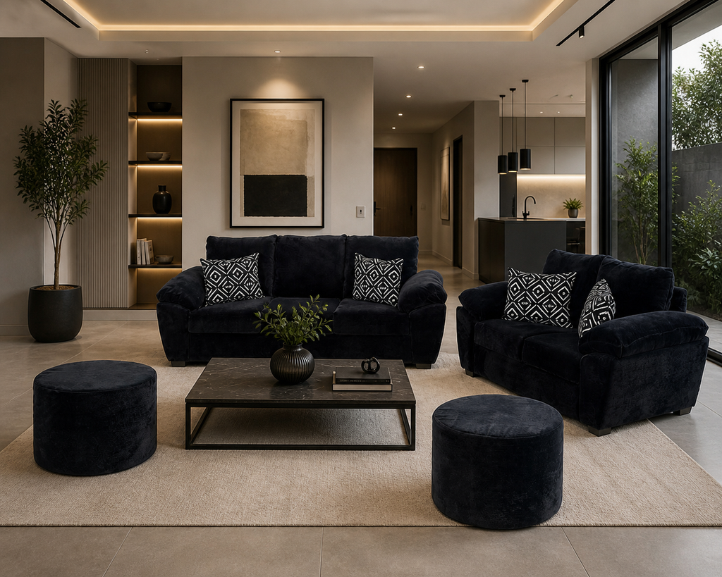 Sala California 32TT 3-2 con 2 Taburetes en Tela Chenille Color Negro