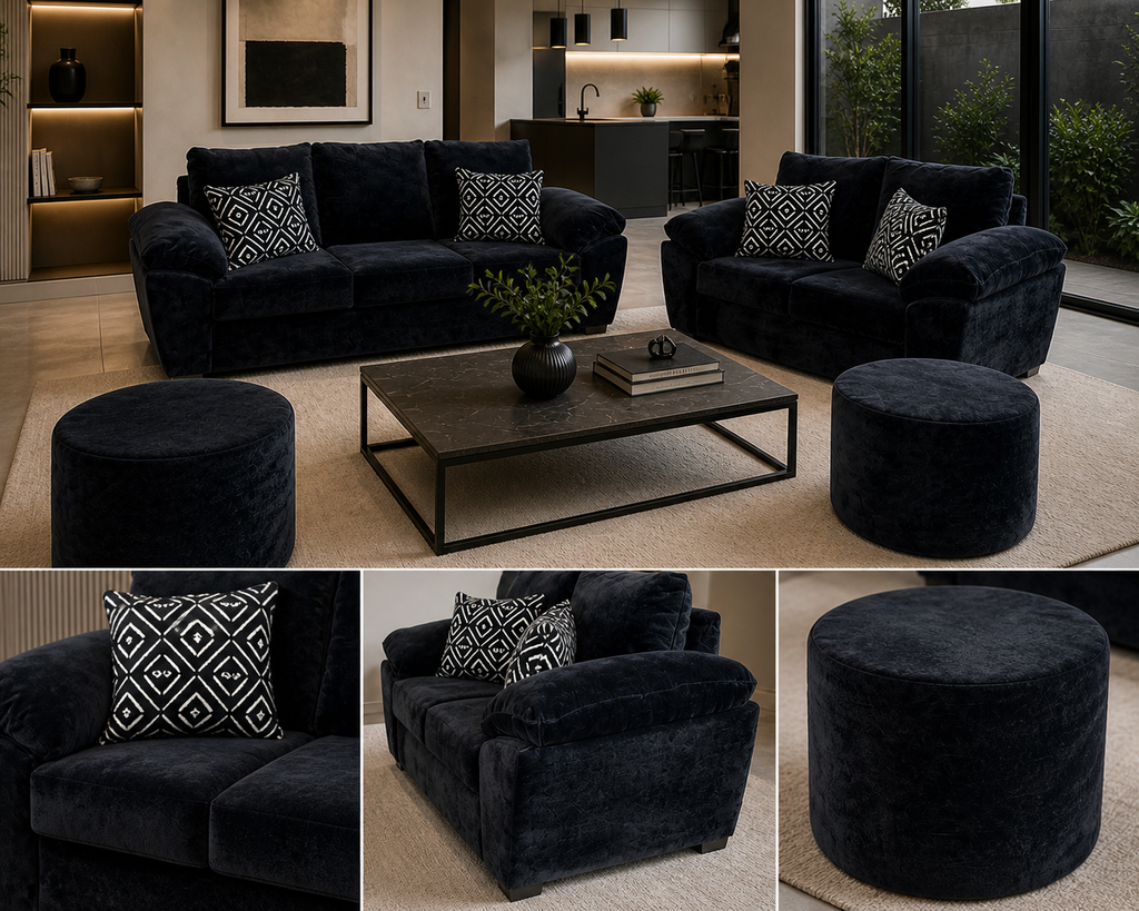 Sala California 32TT 3-2 con 2 Taburetes en Tela Chenille Color Negro