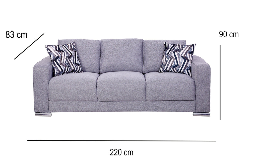 Sofá Angy de 3 Plazas en Tela Gris con Cojines Decorativos