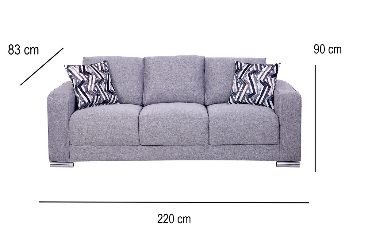 Sofá Angy de 3 Plazas en Tela Gris con Cojines Decorativos