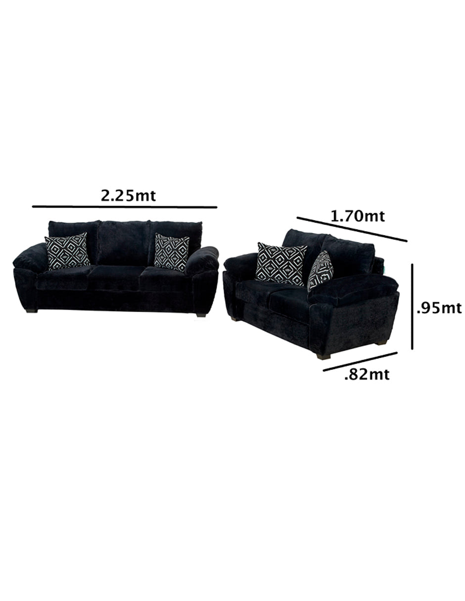 Sala Carolina 3-2  en Tela Chenille Color Negro con Cojines Decorativos