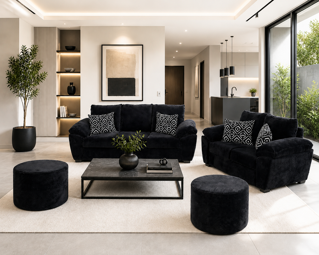 Sala California 32TT 3-2 con 2 Taburetes en Tela Chenille Color Negro