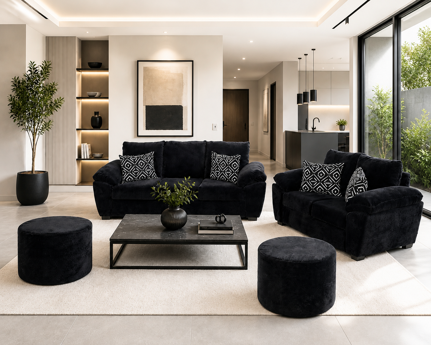 Sala California 32TT 3-2 con 2 Taburetes en Tela Chenille Color Negro