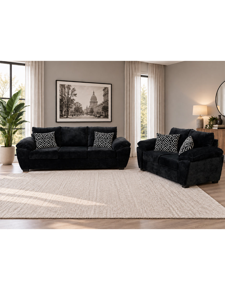 Sala Carolina 3-2  en Tela Chenille Color Negro con Cojines Decorativos