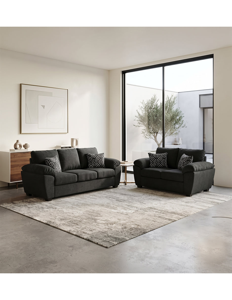 Sala Carolina 3-2  en Tela Chenille Color Negro con Cojines Decorativos